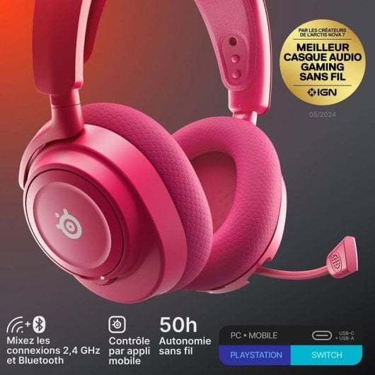 Casque SteelSeries Arctis Nova 7 Gen 2 Sans Fil Bluetooth/RF, Gaming, Réduction de Bruit, Magenta