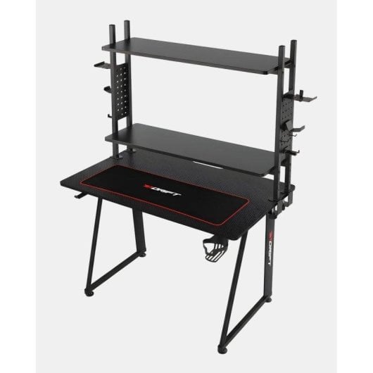 Mesa Gaming Drift 113 cm Fibra de carbono Pack Shelvy Accesorios XL