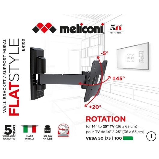 Supporto TV Meliconi FLATSTYLE ER 100 orientabile 14-25" 20kg VESA nero