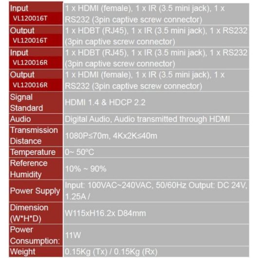 Vivolink VL120016 HDMI 4K HDBaseT AV Extender 70 m IR RS-232 Nero