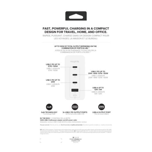 Chargeur Mophie 409909309 120 W GaN 3x USB-C 1x USB-A blanc
