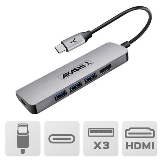 Hub Akashi 4 ports USB 3.2 Gen 1 modèle ALTHUB4IN1TC Acier Inox 4K