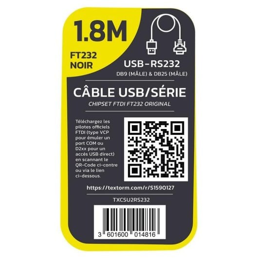 Câble USB Textorm TXCSU2RS232 Convertisseur USB 2.0 vers RS232 DB9/DB25 1,8 m FTDI