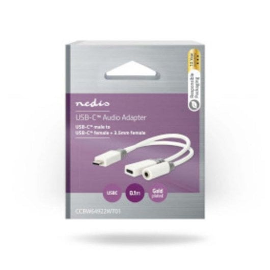 Adaptador de cable de vídeo Nedis CCBW64922WT01 USB-C a Jack 3,5 mm/Macho-Hembra 0,1 m Blanco