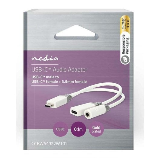 Adaptador de cable de vídeo Nedis CCBW64922WT01 USB-C a Jack 3,5 mm/Macho-Hembra 0,1 m Blanco