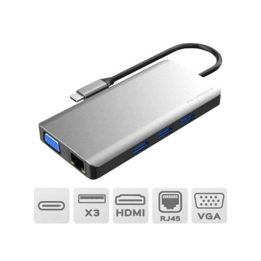 Hub USB-C 9-en-1 Akashi ALTHUB9IN1TC HDMI VGA 100W Ethernet 4K
