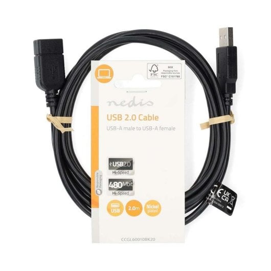 Câble USB Nedis CCGL60010BK20 Extension 2 m USB 2.0 Noir