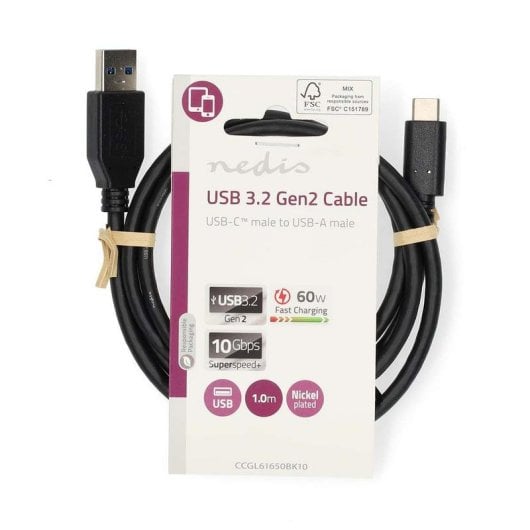 Cable USB Nedis CCGL61650BK10 1 m USB-A a USB-C 10 Gbps Negro