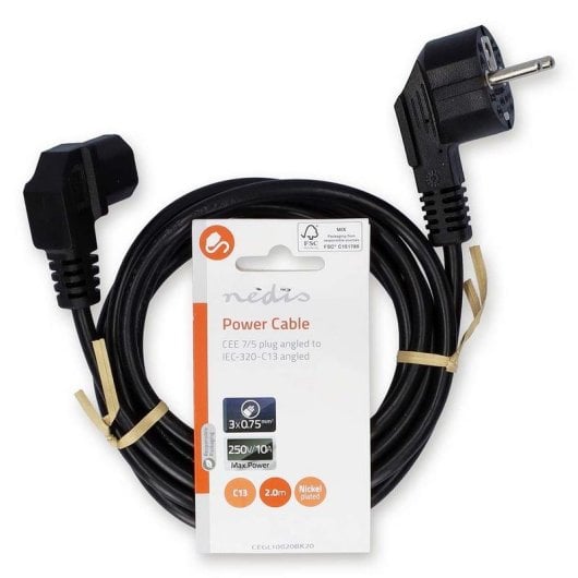 Cable de alimentación NEDIS CEGL10020BK20 2 m acodado Schuko a IEC C13 negro
