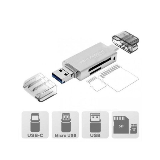 Lettore di carte Akashi ALTSDREADER3IN1 USB Type-A/C/Micro-USB Bianco