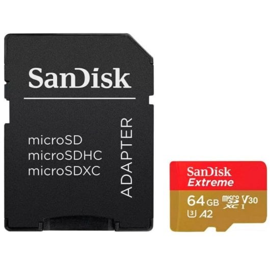 Carte microSDXC SanDisk Extreme PLUS SDSQXBU-064G-GN6MA 64 Go 200 MB/s A2 U3 V30 avec adaptateur SD