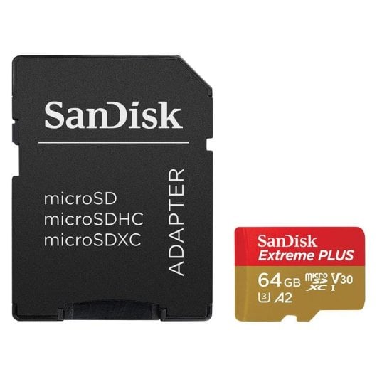 Carte microSDXC SanDisk Extreme PLUS SDSQXBU-064G-GN6MA 64 Go 200 MB/s A2 U3 V30 avec adaptateur SD