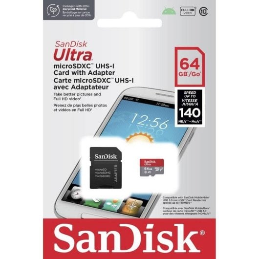 Cartão microSDXC Sandisk SDSQUAB-064G-GN6TA 64GB UHS-I U1 A1 140MB/s + Adaptador SD