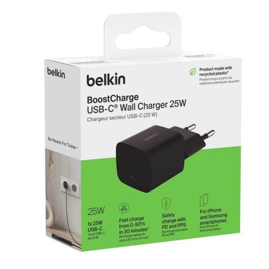 Carregador Belkin BoostCharge WCA012KQBK USB-C 25 W Preto compacto PD 3.1