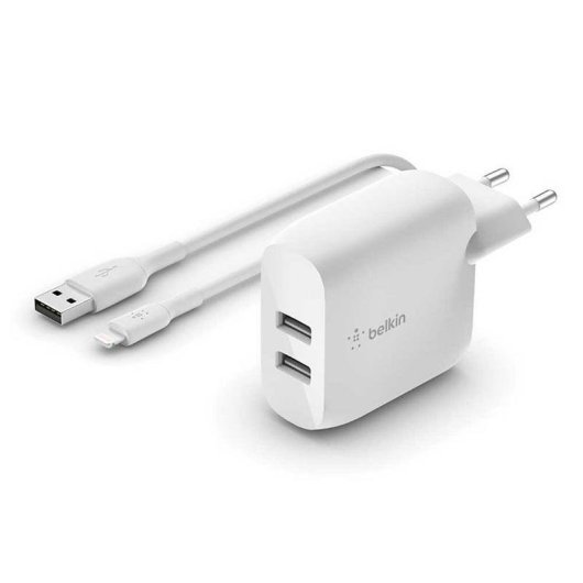 Cargador Belkin WCD001VF1MWH 2x USB-A 24W Kabel Lightning Weiß