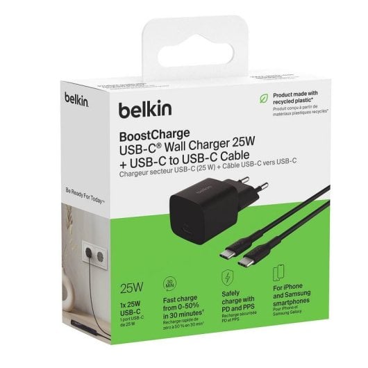 Carregador Belkin BoostCharge WCA012KQ1MBK-B6 25W USB-C PD 3.1 Preto Cabo USB-C
