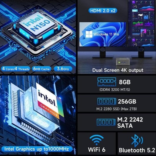 GMKtec G3 Plus Intel N150 8GB 256GB SSD Windows 11 Pro Wi-Fi 6 Mini PC