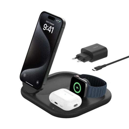 Carregador Belkin BoostCharge WIZ029VFBK 3 em 1 Qi2 15 W Magnético Preto