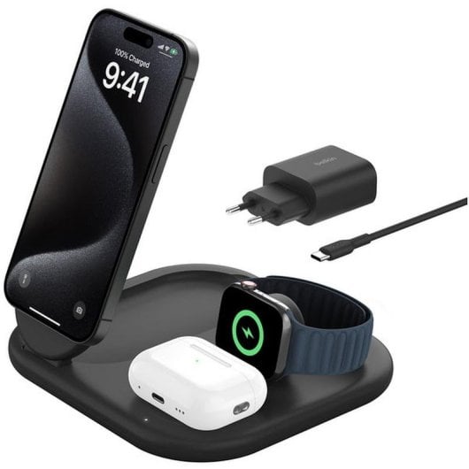 Carregador Belkin BoostCharge WIZ029VFBK 3 em 1 Qi2 15 W Magnético Preto