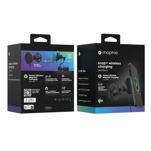Chargeur voiture Mophie Snap+ Wireless Charging Vent noir MagSafe 30W