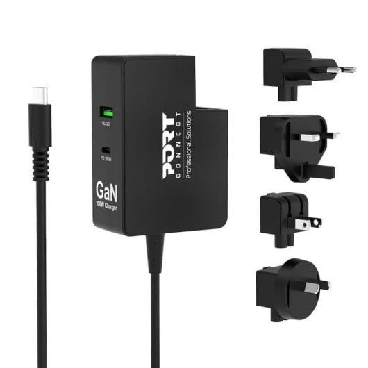 Carregador Port Designs 902103 GaN 100W Universal 2x USB-C 1x USB-A Adaptadores Internacionais