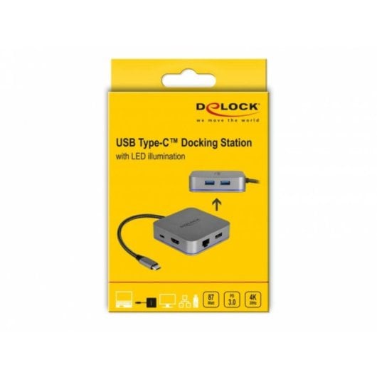 Estación dock DeLock 87742 USB-C HDMI RJ-45 USB-A PD 87W LED gris metálica