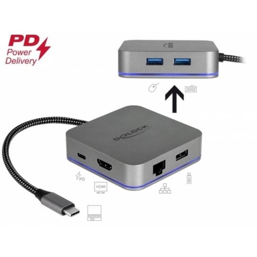 Estación dock DeLock 87742 USB-C HDMI RJ-45 USB-A PD 87W LED gris metálica