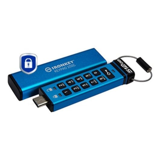 Pen USB Kingston IronKey Keypad 200C 512GB USB-C FIPS 140-3 AES-256 IP68 Azul