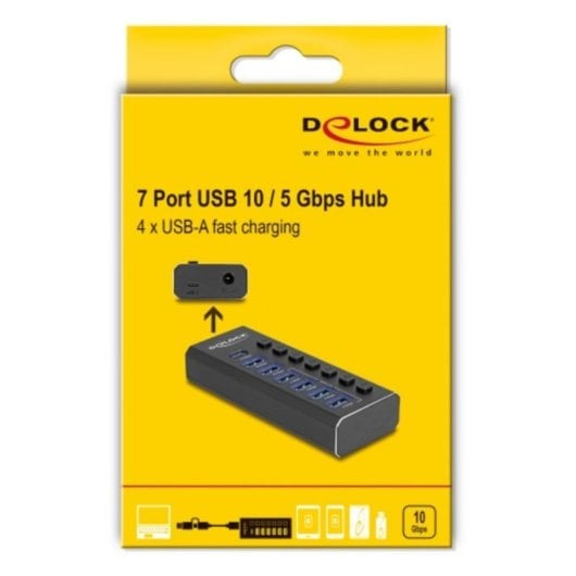 Hub DeLock 7 porte USB 10 Gbps modello 64326 in metallo con alimentazione AC