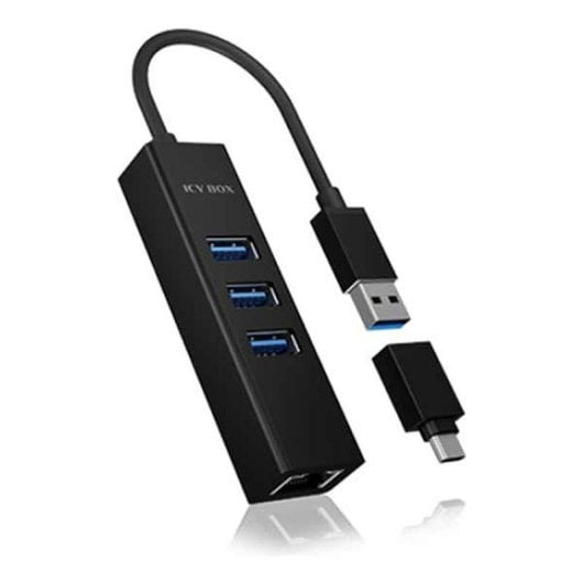 Replicador ICY BOX IB-HUB1419-LAN 3x USB 3.2 Gen 1 LAN Gigabit Alumínio Preto