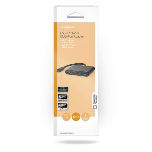 Hub Nedis 3 ports USB-C 5 Gbps modèle CCGB64770BK01 HDMI