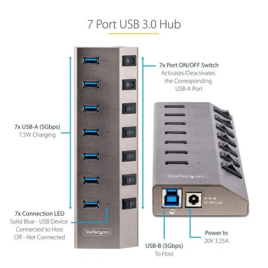Hub StarTech 7 porte USB 5Gbps modello 5G7AIBS-USB-HUB-EU interruttori individuali