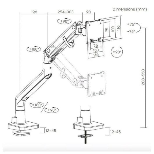 Support d'écran REKT REKT98-C012 mécanisme ressort 24" à 57" rotation 180°