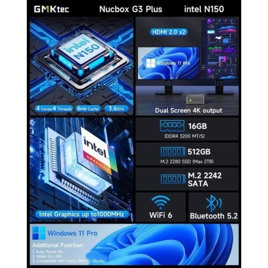 GMKtec G3 Plus Intel N150 16GB 512GB SSD Windows 11 Pro Mini PC WiFi 6
