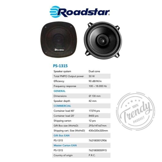 Autolautsprecher ROADSTAR PS-1315 50 W 2-Wege 13 cm Schwarz