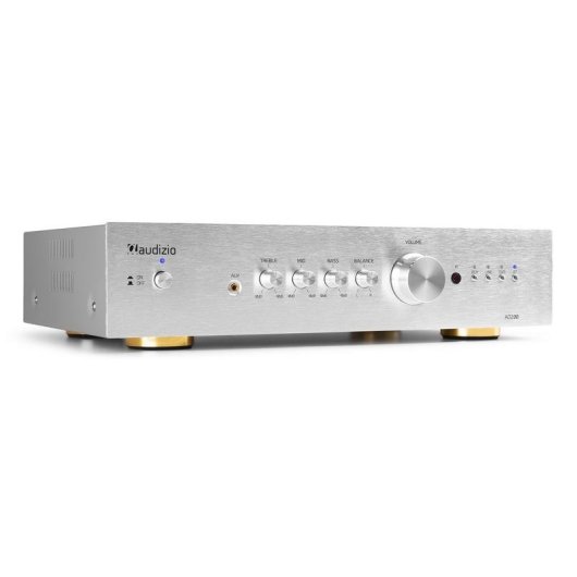 Amplificador Estéreo Audizio AD200 200W RMS Bluetooth 5.0 Control Graves y Agudos Plata
