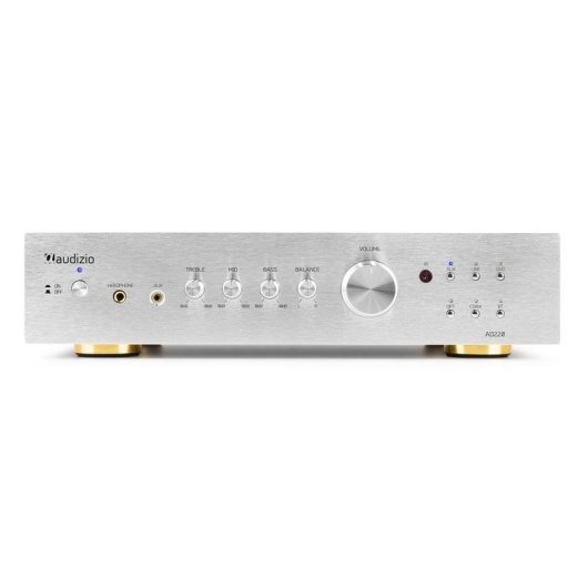 Amplificador Estéreo Audizio AD220 200W RMS Bluetooth 5.0 Control Graves y Agudos Plata