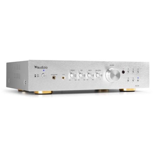 Amplificador Estéreo Audizio AD220 200W RMS Bluetooth 5.0 Control Graves y Agudos Plata