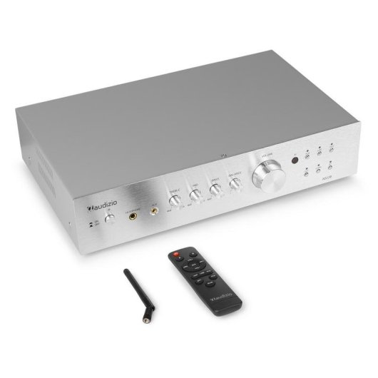 Amplificador Estéreo Audizio AD220 200W RMS Bluetooth 5.0 Control Graves y Agudos Plata