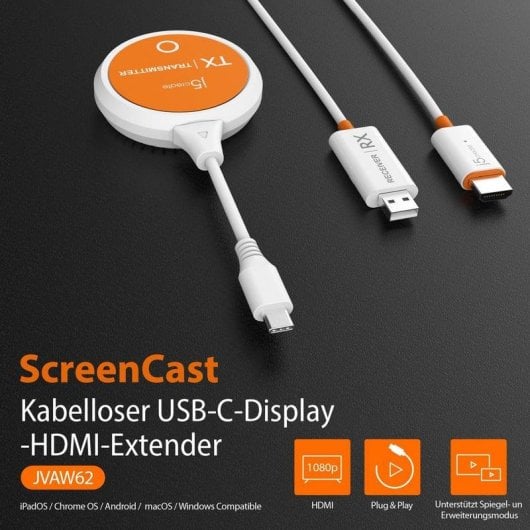 Adaptateur d'affichage sans fil J5CREATE JVAW62-N USB-C HDMI 90W Orange Blanc