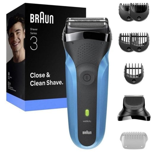 Máquina de Barbear Braun Series 3 310BT resistente à água recarregável preto/azul