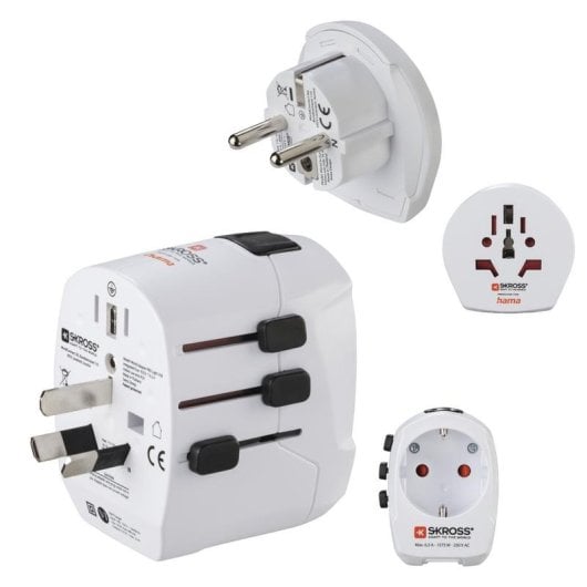 Adaptador de enchufe Hama World Travel Pro Light 2 USB protección sobretensión blanco