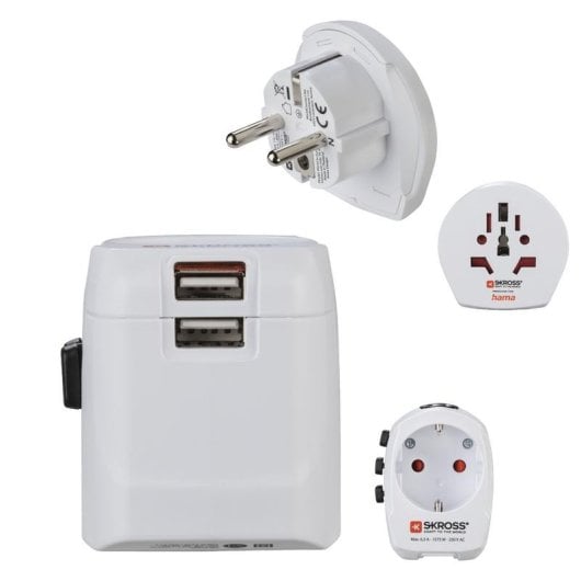 Adaptador de enchufe Hama World Travel Pro Light 2 USB protección sobretensión blanco