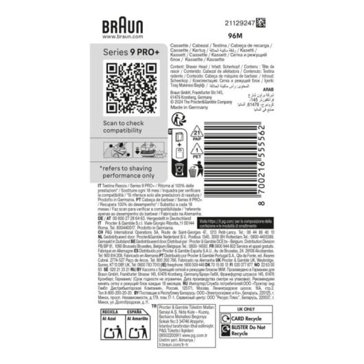 Tête de rasage Braun 96M Series 9 PRO+ inox noir remplacement facile