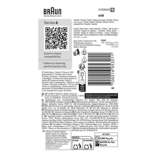 Tête de rasage Braun 64B Noir Acier inoxydable Séries 6 60 61 62