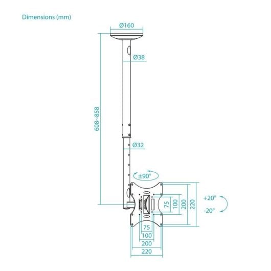 Support plafond TooQ LPCE2301TSLI-B 23-42" acier, hauteur réglable, noir