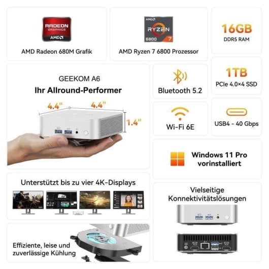 GEEKOM A6 AMD Ryzen 7 6800 16GB 1TB SSD Radeon 680M Windows 11 Pro USB4 Metallgehäuse