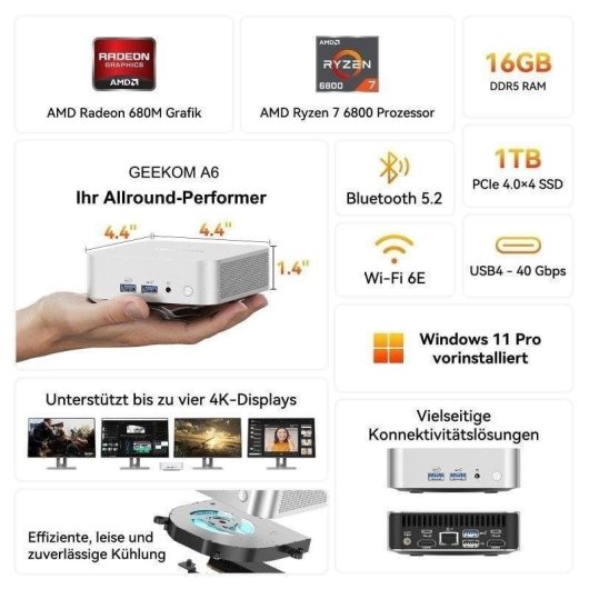 Mini PC GEEKOM A6 AMD Ryzen 7 6800 16GB 1TB SSD Radeon 680M Windows 11 Pro Metal