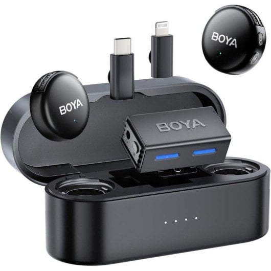 Microfone BOYA BOYALINK 3 USB-C Lightning cardioide com IA DNN e case de carga