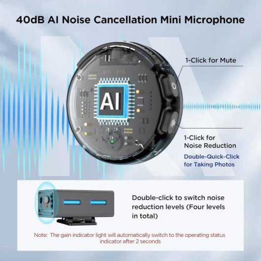 Microfone BOYA BOYALINK 3 USB-C Lightning cardioide com IA DNN e case de carga